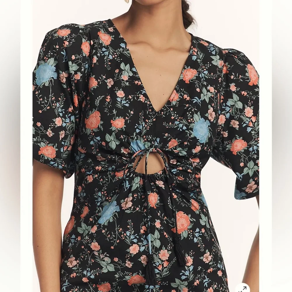 NEW Anthropologie Maeve Black Floral Peep Hole Puff Sleeve Mini Dress Size M - Picture 2 of 9